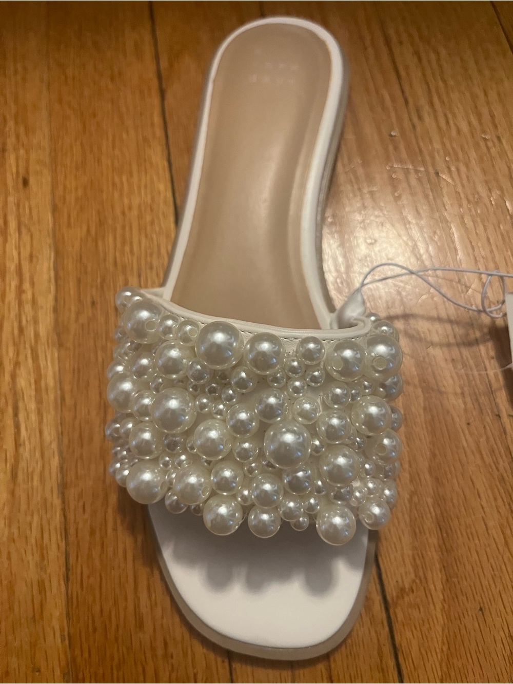 White Pearl-Embellished Slide Sandals - Picture 3 of 6